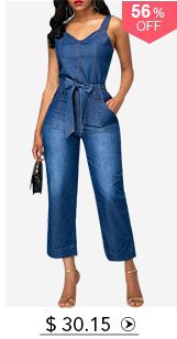 High Waist Open Back Pocket Blue Jumpsuit