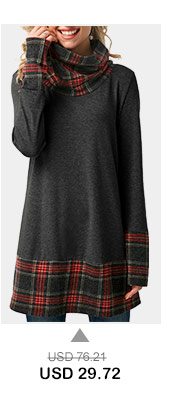 Plaid Cowl Neck Patchwork Dark Grey T Shirt