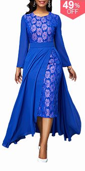 Patterned Lace Panel Chiffon Overlay Royal Blue Dress