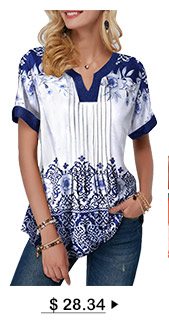 Short Sleeve Retro Print Split Neck Blouse