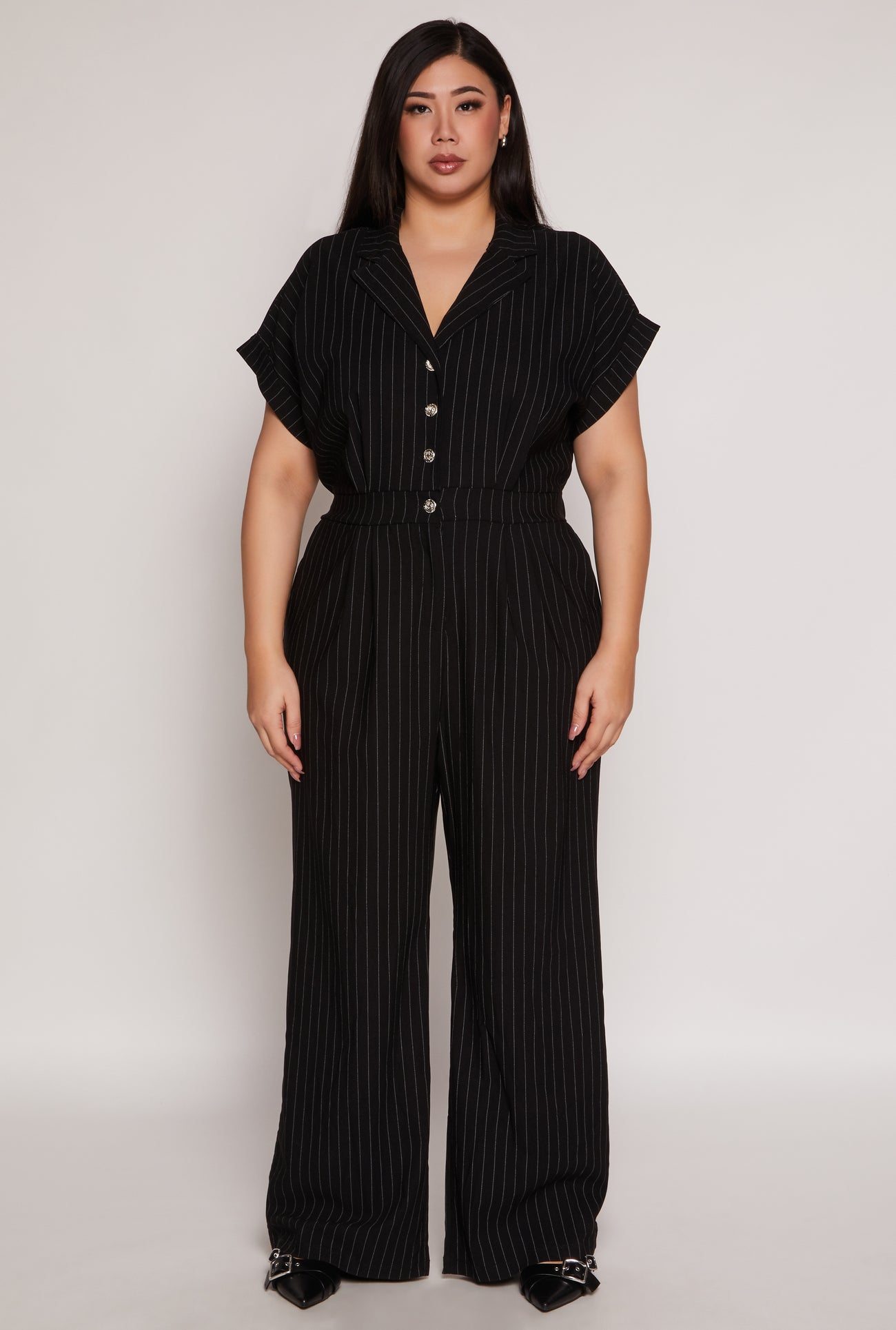 Plus Size Pinstripe Wide Leg Jumpsuit