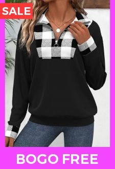 Black Patchwork Plaid Long Sleeve Turn Down Collar Sweatshirt