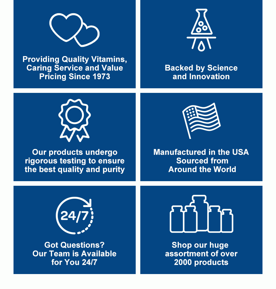 Providing quality vitamins, caring service and value pricing since 1973. Backed by science and innovation. Our products undergo rigorous testing to ensure the best quality and purity. Manufactured in the USA, sourced from around the World. Got questions? Our team is available for you 24/7. Shop our huge assortment of over 2,000 products.