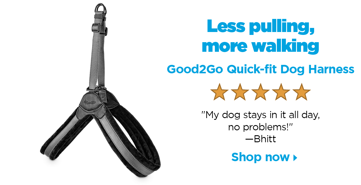 Less pulling, more walking. Good2Go Quick-fit Dog Harness. 5 stars. "My dog stays in it all day, no problems!" —Bhitt. Shop now.