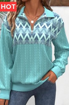 Mint Green Zipper Geometric Print Long Sleeve Sweatshirt