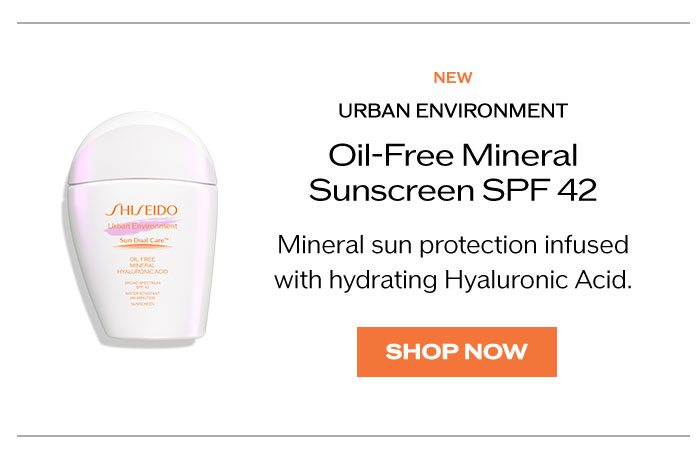 "Shop New Urban Environment Oil-Free Mineral Sunscreen SPF 42 Mineral, daily oil-free sun protection infused with Hyaluronic Acid to boost skin's hydration. "