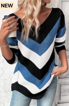 Patchwork Blue V Neck Long Sleeve Sweater