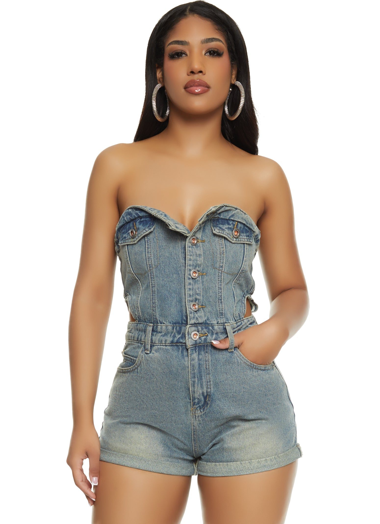 Cut Out Strapless Denim Romper