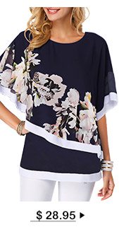 Flower Print Round Neck Overlay Embellished Blouse