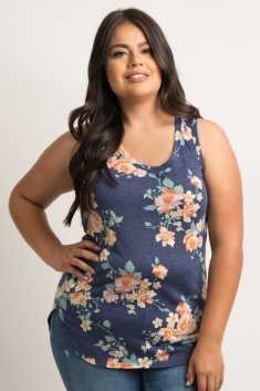 Navy Blue Faded Floral Print Plus Tank Top