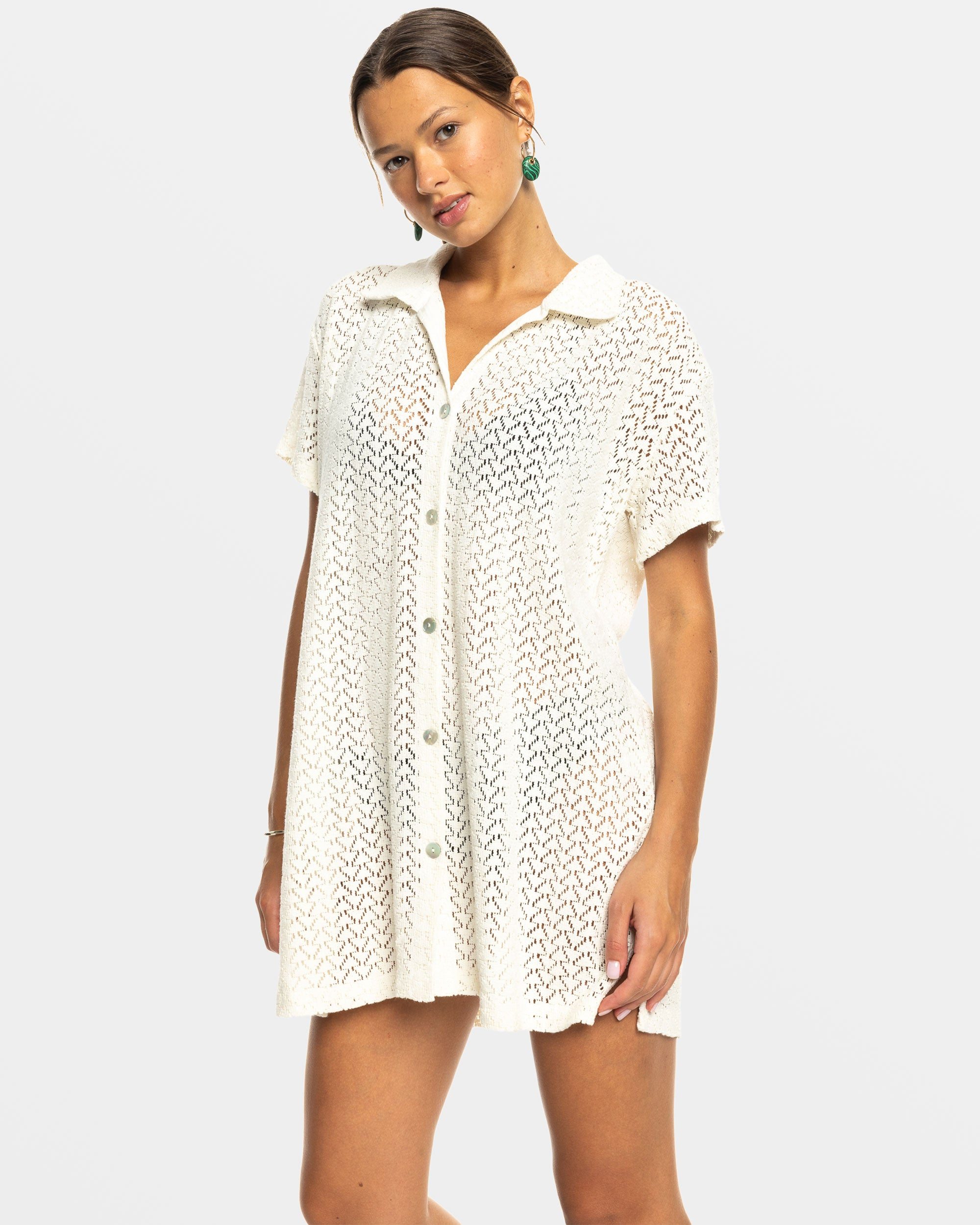 Image of Dalia Beach Crochet Shirt Dress - Egret