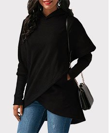 Black Asymmetric Hem Long Sleeve Pocket Hoodie