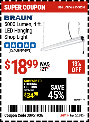 BRAUN: 5000 Lumen 4 Ft. LED Hanging Shop Light