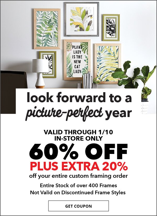 Look forward to a picture-perfect year. 60% off plus extra 20% off your entire custom framing order. GET COUPON.