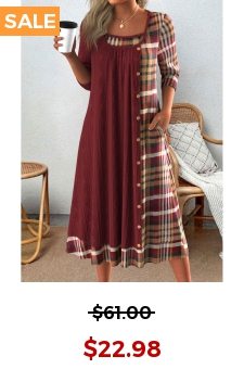 Wine Red Patchwork Plaid A Line 3/4 Sleeve Dress