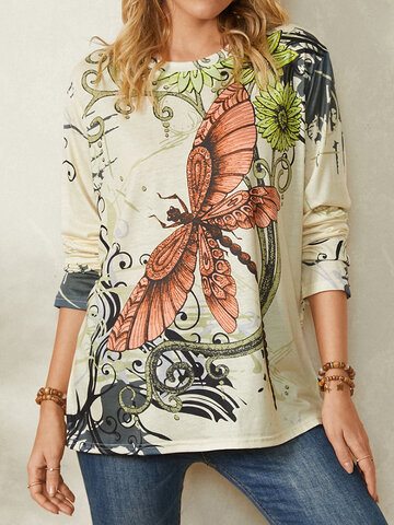 Dragonfly Calico Print O-neck T-Shirt