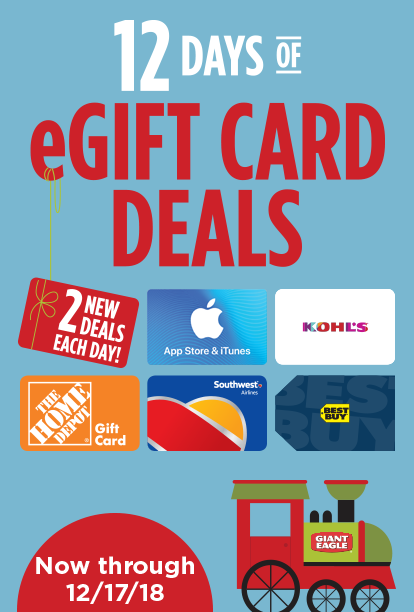 Now through 12/17/18. 12 Days of eGift Card Deals. 2 New Deals Each Day!