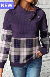 Purple Patchwork Plaid Long Sleeve Asymmetrical Neck Sweatshirt