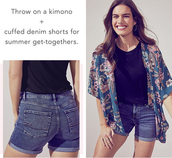Throw on a kimono + cuffed denim shorts for summer get-togethers.