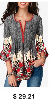 Printed Button Up Pleated Three Quarter Sleeve Blouse