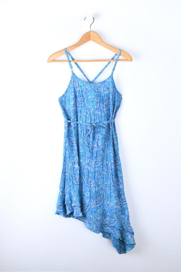 Vintage 90s Aqua-Blue Printed Tie-Waist Mini Dress