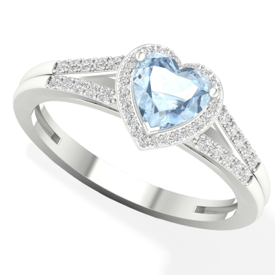 Aquamarine Heart Ring 1/10 ct tw Diamonds 10K White Gold