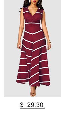 Cutout Back Stripe Print Sleeveless Wine Red Dress