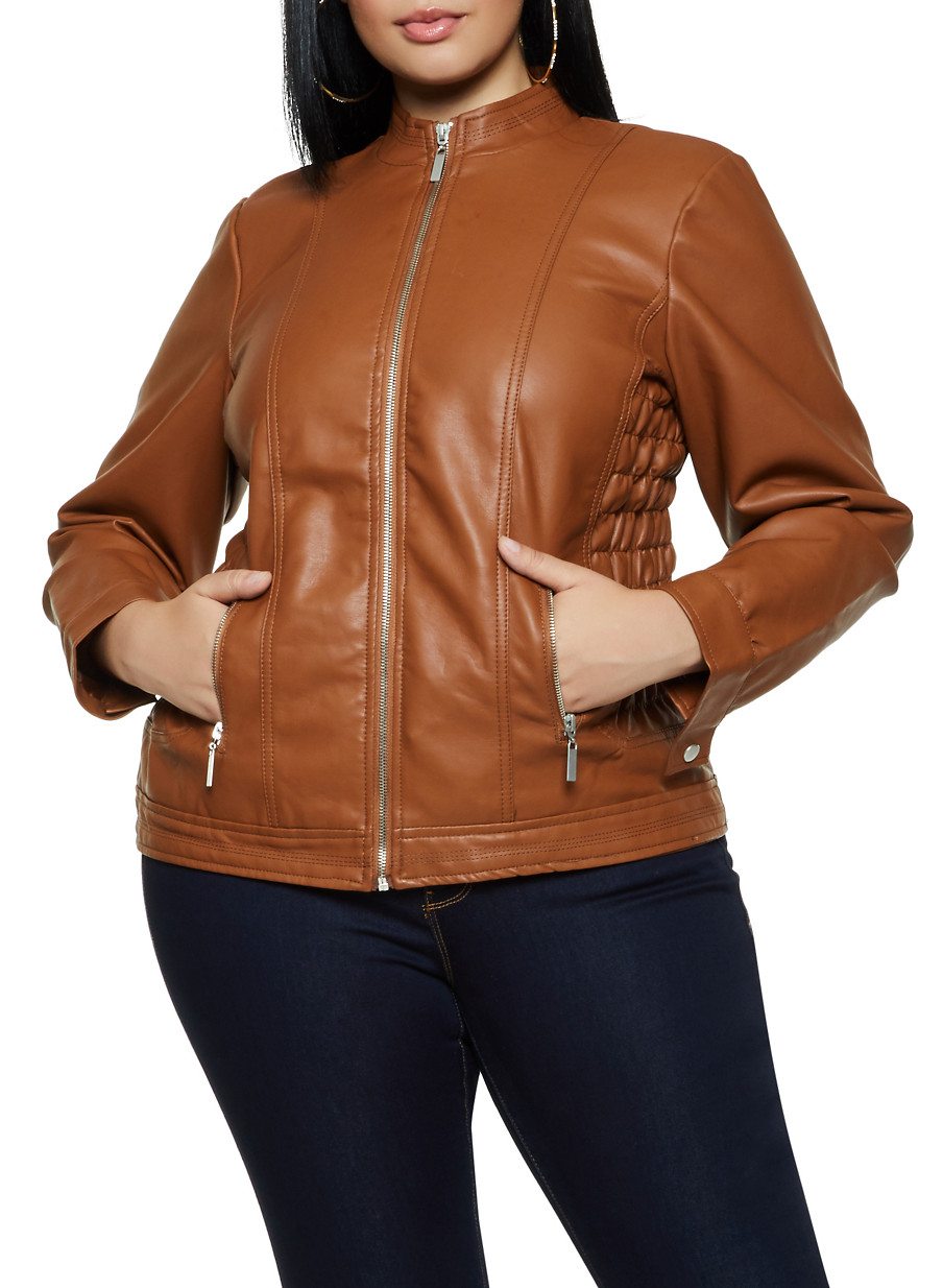 Plus Size Smocked Faux Leather Moto Jacket