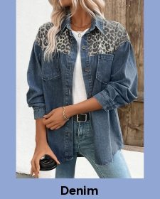 Patchwork Leopard Denim Blue Long Sleeve Shirt