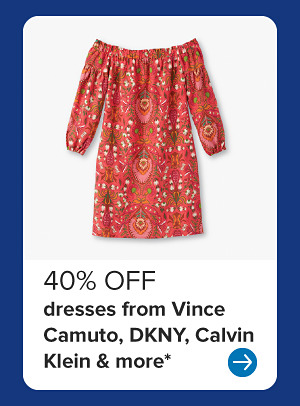 Image of a red dress. 40% off dresses from Vince Camuto, DKNY, Calvin Klein and more.