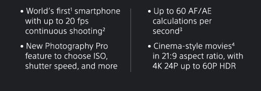 • World’s first(1) smartphone with up to 20 fps continuous shooting(2) | • New Photography Pro feature to choose ISO, shutter speed, and more | • Up to 60 AF/AE calculations per second(3) | • Cinema-style movies(4) in 21:9 aspect ratio, with 4K 24P up to 60P HDR