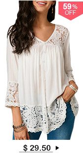 Button Up Lace Patchwork White Blouse