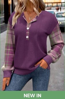 ROTITA Button Plaid Purple Split Neck Long Sleeve Sweatshirt