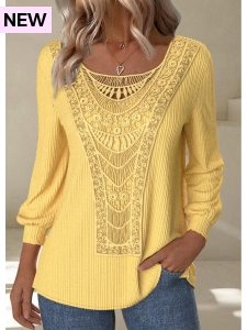 ROTITA Embroidery Yellow Round Neck Long Sleeve T Shirt