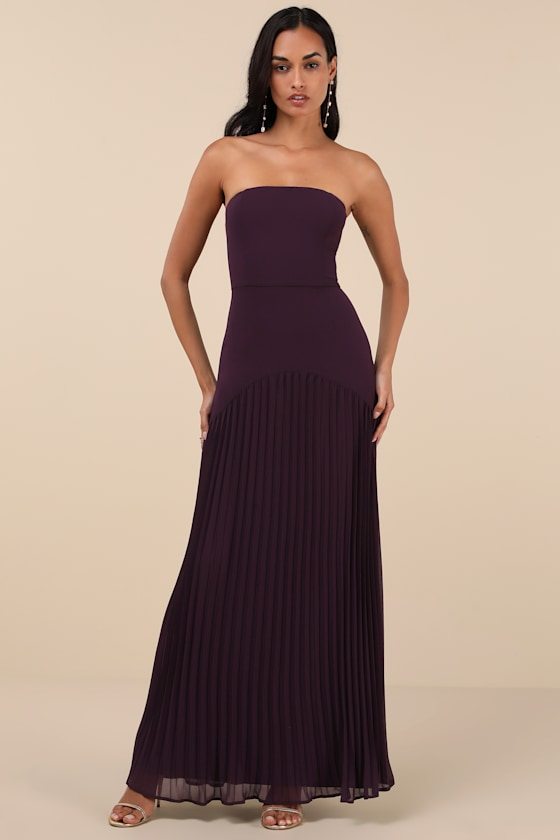 Image of Celebratory Aesthetic Dark Purple Pleated Strapless Maxi Dress