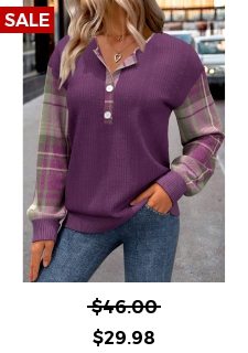 Purple Button Plaid Long Sleeve Split Neck Sweatshirt