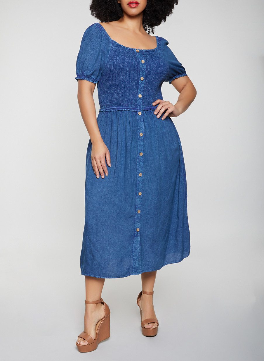 Plus Size Maxi Dress Smocked Denim