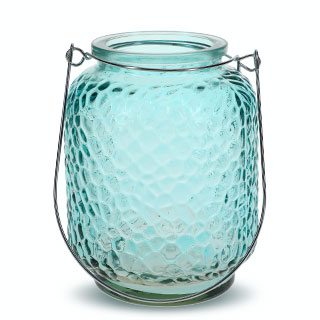 Blue glass candleholder with with handle and pebbled texture