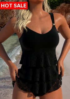 ROTITA Lace V Neck Black Tankini Set