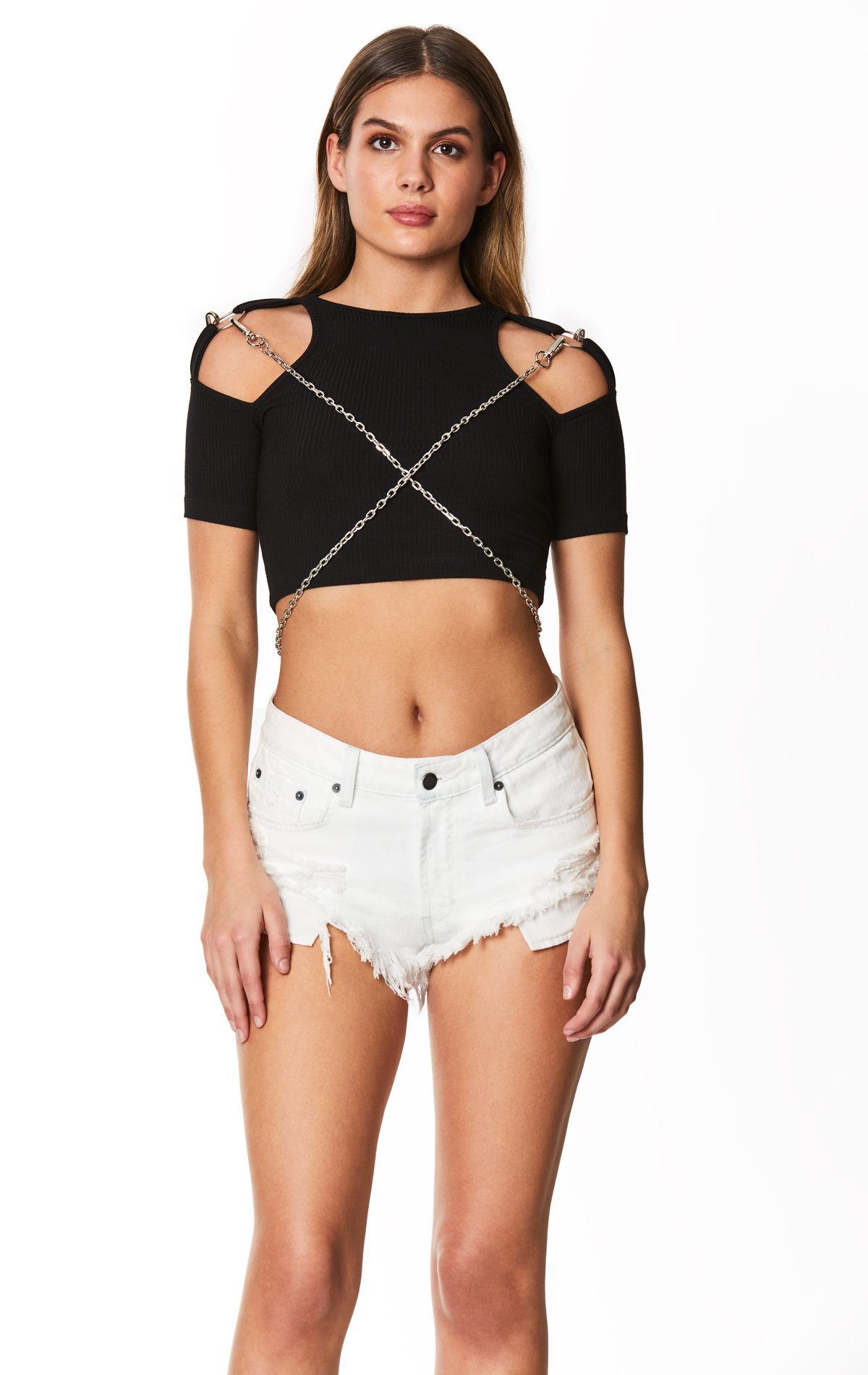 CROSS CHAIN CUT OUT SHOULDER TEE