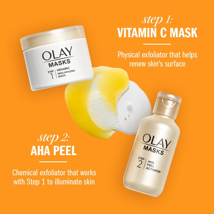 Step 1: Vitamin C Mask Physical exfoliator that helps renew skin's surface. Step 2: AHA Peel Chemical exfoliator that works with Step 1 to illuminate skin.