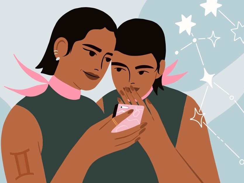 Illustration of two people looking at a phone, one has a tattoo of the gemini sign on their arm