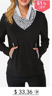 Long Sleeve Cowl Neck Pocket Black Sweatshirt