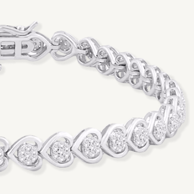 Diamond Heart Tennis Bracelet 1 ct tw Round-cut Sterling Silver 7.25''