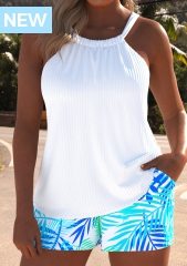 Ruched Tropical Plants Print White Tankini Set