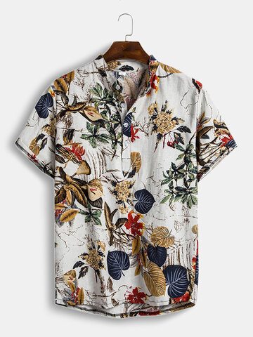 Cotton Tropical Plants Print Henley Shirt
