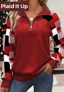 Red Patchwork Plaid Long Sleeve Turn Down Collar Sweatshirt