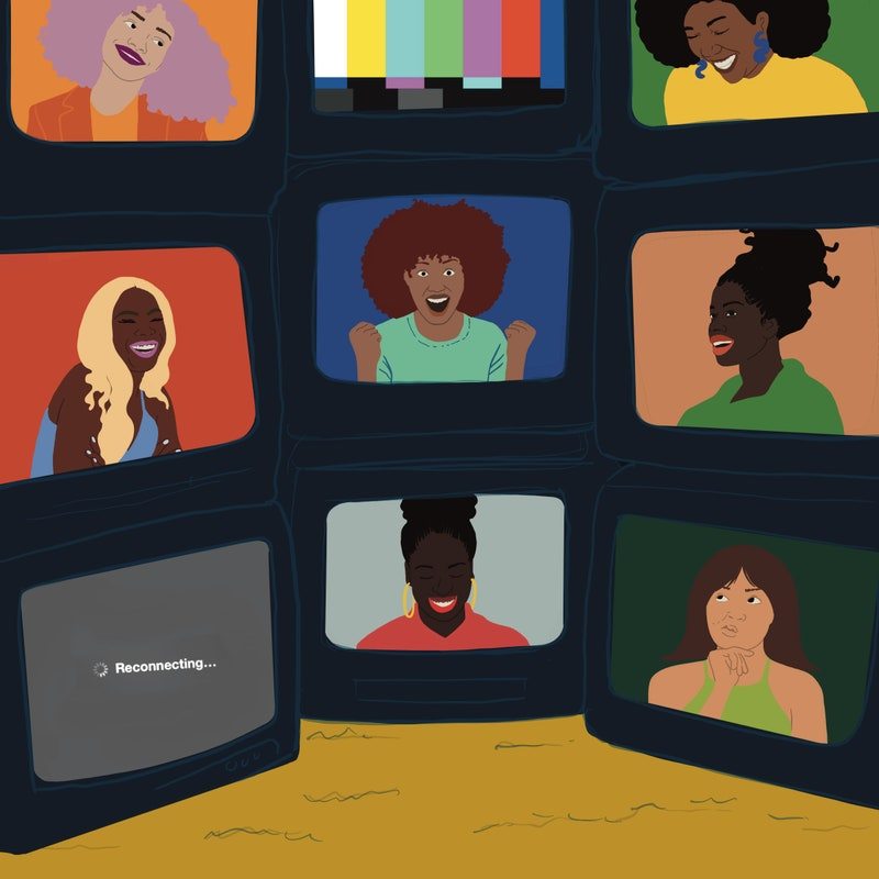 digital illustration of a group of black women video chatting 