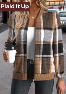 Dark Coffee Zipper Plaid Long Sleeve Stand Collar Jacket