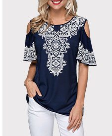 Retro Print Cold Shoulder Half Sleeve T Shirt